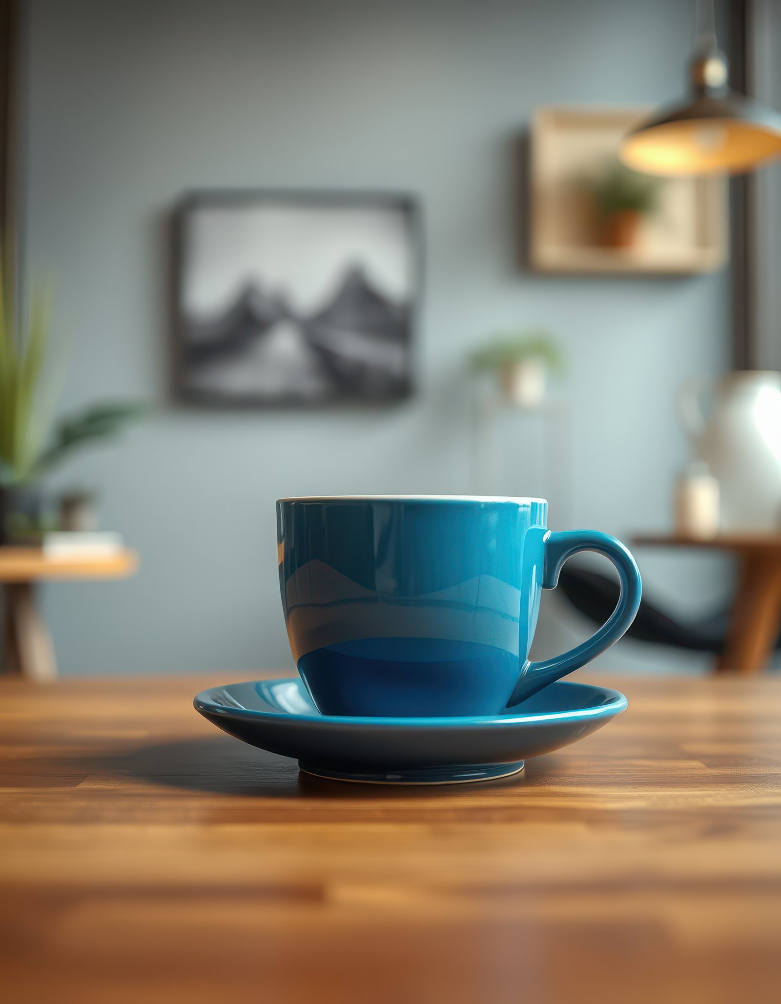Bright blue coffee cup on wooden table in modern cafe setting with artwork in background